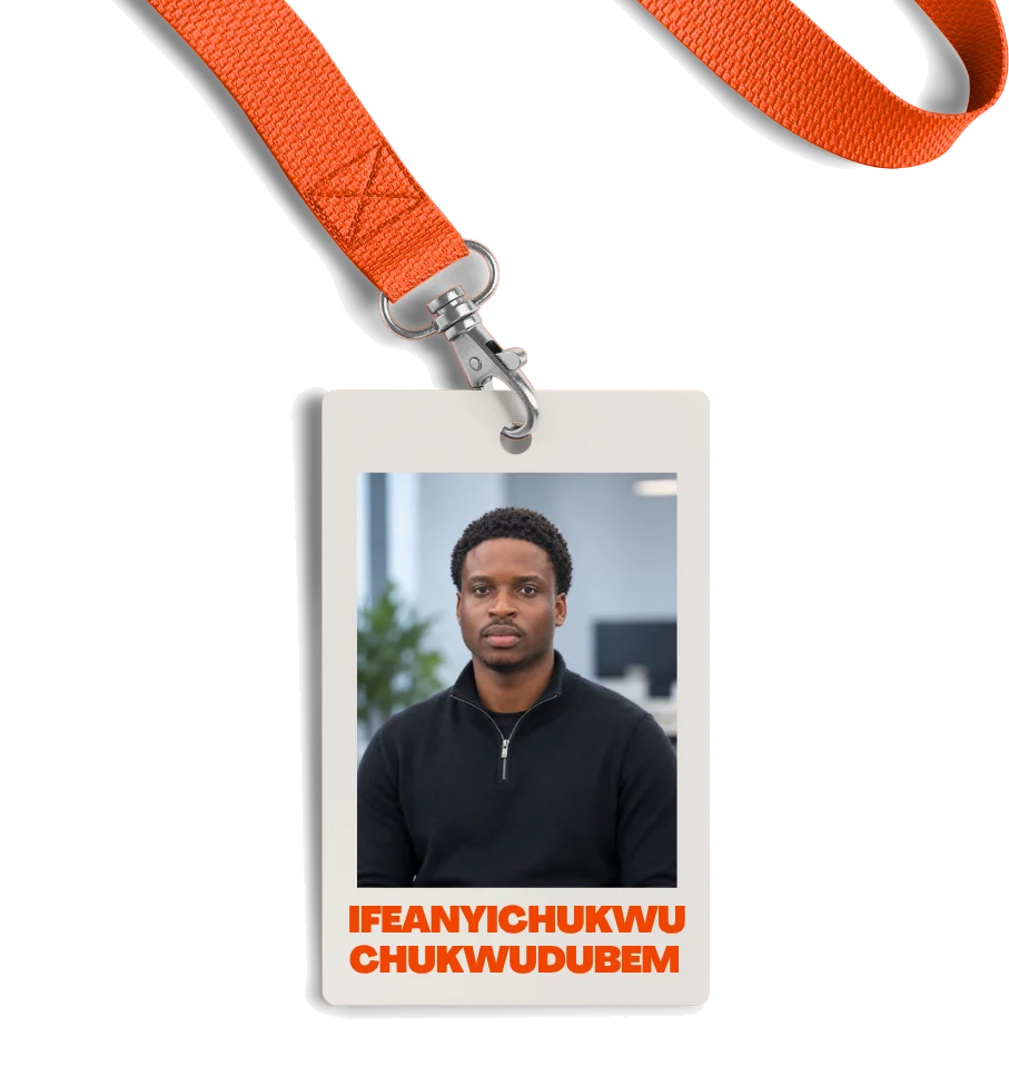 Dubem’s ID badge, hanging from an orange lanyard