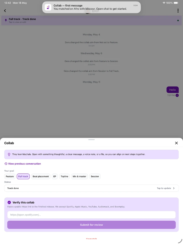 A notification at the top of the iDiscovr screen reads that two creatives matched and can open the chat, with a Collab panel below for choosing a goal such as feature, full track or beat placement.