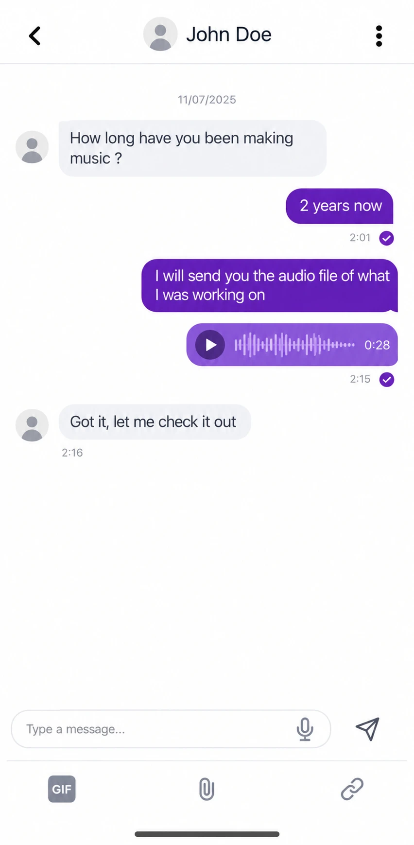A chat between two creatives with text messages and a voice note, a message box with a microphone button, and options to add a GIF, attach a file or share a link.