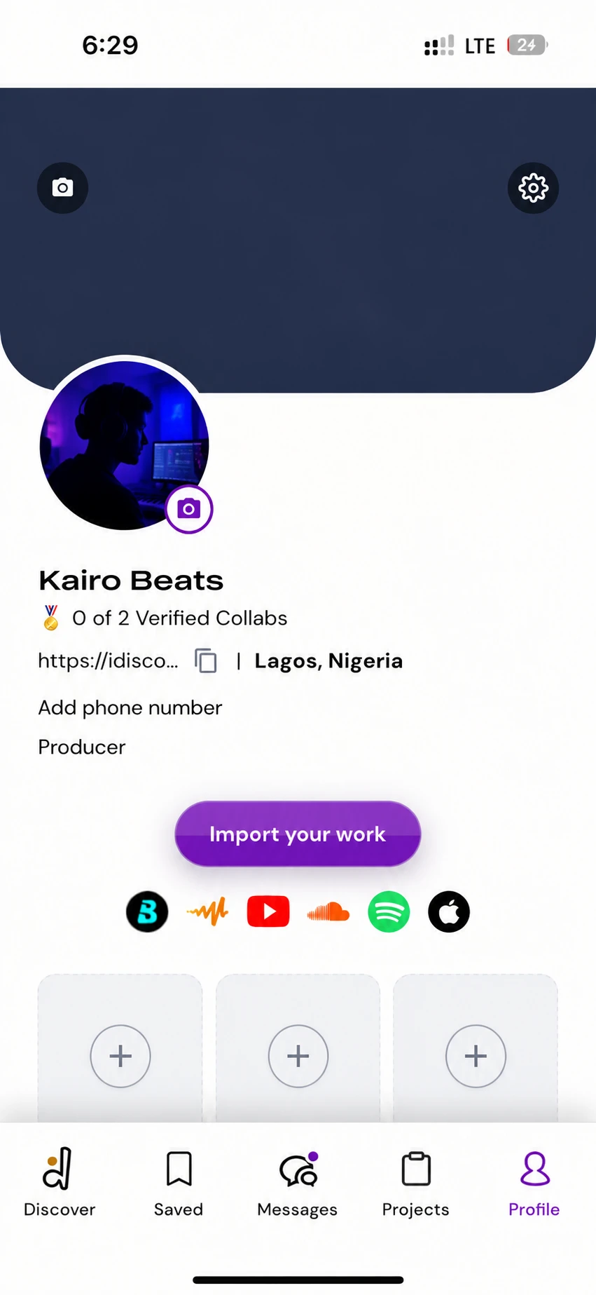 A creative profile on a phone: cover and profile photo, the name Kairo Beats, Lagos, Nigeria, the role Producer, an Import your work button with Boomplay, Audiomack, YouTube, SoundCloud, Spotify and Apple Music icons, and three empty slots for work.